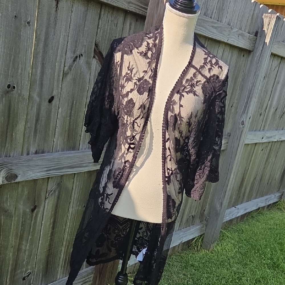 JODIFL Black Lace Cardigan Sweater with Intricate Floral Design